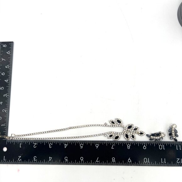 Vintage Black & Clear Rhinestone Bib Necklace Set Clip-On Earrings 1950s Glam - Picture 7 of 12